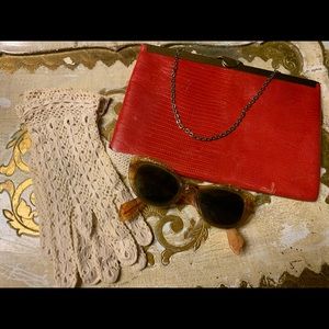 Vintage Red Leather Purse Cat Eye Sunglasses Glove